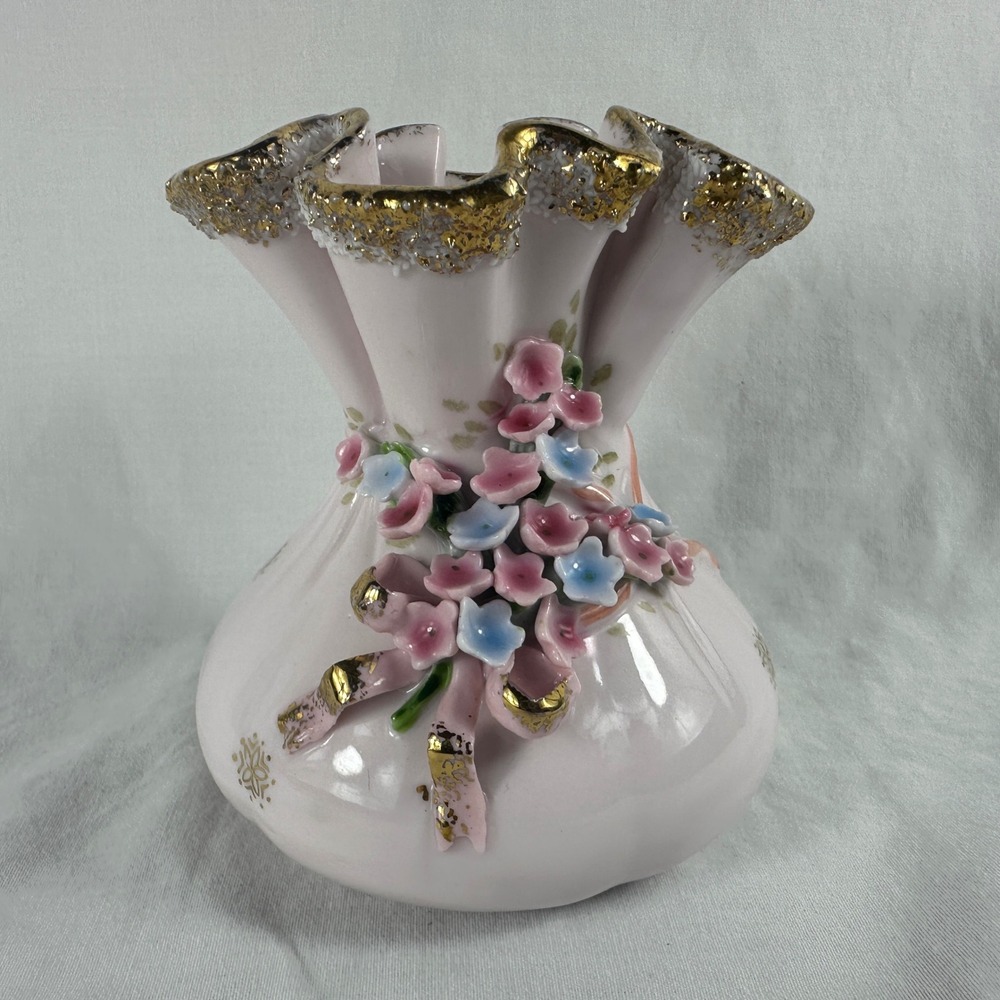 Vtg Lefton Pink Pouch Purse Vase Applied Flowers Forget-Me-Nots Gold Trim Mint